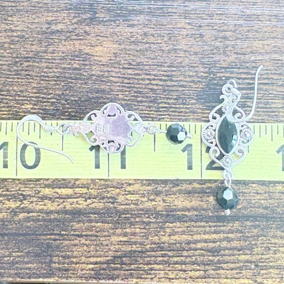 Sterling Silver 925 Black Onyx Scroll Flower Dangle Earrings Size 1.5" Length - Picture 8 of 9